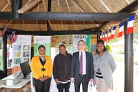 France Ambassador to Zimbabwe, Mr Laurent Chevallier (Second from right) at the CIRAD in Zimbabwe exhibition stand. With him were CIRAD staffers- from left to right, Paidamoyo Mushore, programme and administration assistant, Johnson Siamachira, communications officer, and Martha Katsi, communications officer.